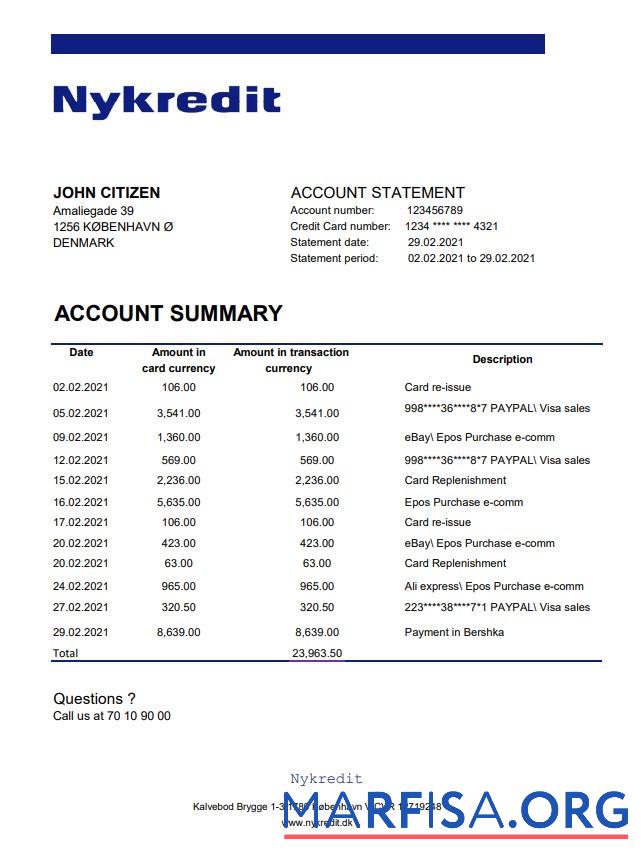 Downloadable Denmark Nykredit bank statement excel template